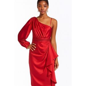 NWT Ieena Mac Duggal One-Shoulder Satin Cocktail Red Midi Dress Women's 8US